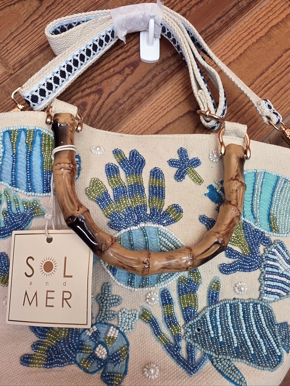 SOLE AND MER Beaded Embroidered Tote Bag with Shoulder Strap Fish Ocean NWT - Picture 3 of 11
